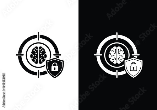 A black and white graphic illustration showing a brain within a target reticle, protected by a shield with a padlock symbol.
