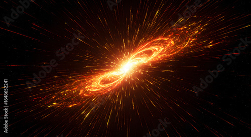 Radiant Cosmic Explosion: A Stunning Visualization of Energy Release, Showing an Intense Burst of Light and Particles Spreading Outwards in