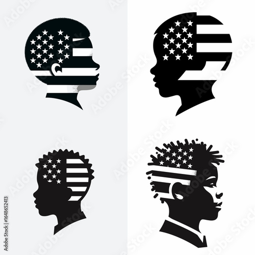 black boy head with american flag print on. Independence Day 4th of July Patriotism Usa America Clipart Line Art Vector Illustration. Young african male visage banner design upon apparel.