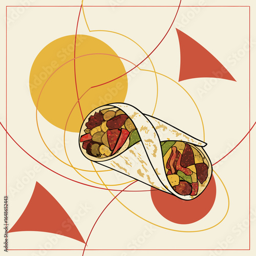 Delicious Falafel Wrap Surrounded by Geometric Abstraction in Warm Palette Illustration