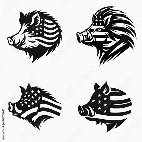 boar head with american flag print on. Independence Day 4th of July Patriotism Usa America Clipart Line Art Vector Illustration. Hog visage design national banner image upon.