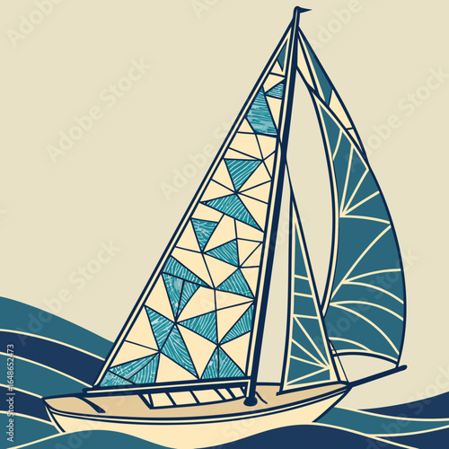 Geometric Abstraction of a Boat in Serene Waves, Digital Illustration, Coastal Environment
