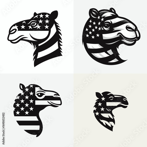Camel head with american flag print on. Independence Day 4th of July Patriotism Usa America Clipart Line Art Vector Illustration. Dromedary visage amid united state banner pattern.