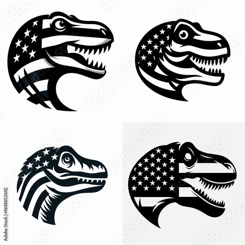 Dinosaur head with american flag print on. Independence Day 4th of July Patriotism Usa America Clipart Line Art Vector Illustration. Reptile cranium design star-spangled banner image upon it.