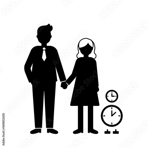 Couple holding hands with clock-headed child
