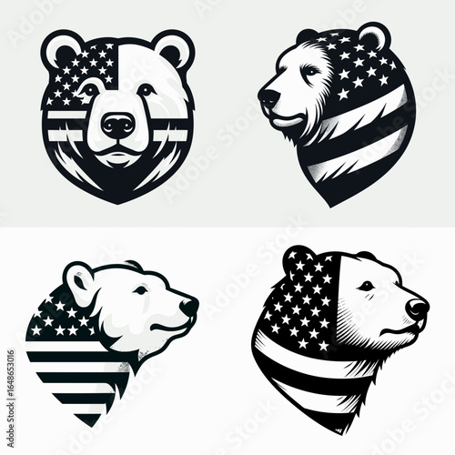 Polar Bear head with american flag print on. Independence Day 4th of July Patriotism Usa America Clipart Line Art Vector Illustration. Arctic animal visage united state symbol pattern over.