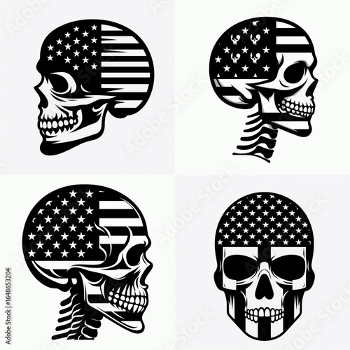 skeleton head with american flag print on. Independence Day 4th of July Patriotism Usa America Clipart Line Art Vector Illustration. Cranium visage united state banner design image.