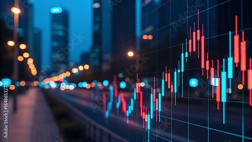 Trade technology, and investment analysis. Big data chart on city backdrop. Business development, financial plan and strategy.Analysis finance graph and market chart investment. 