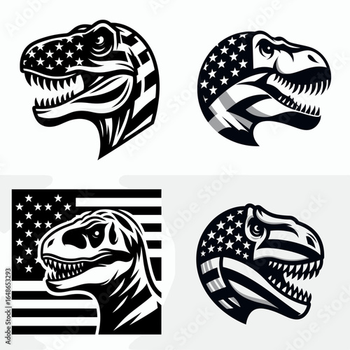 T rex head with american flag print on. Independence Day 4th of July Patriotism Usa America Clipart Line Art Vector Illustration. Dino cranium banner pattern upon freedom theme.