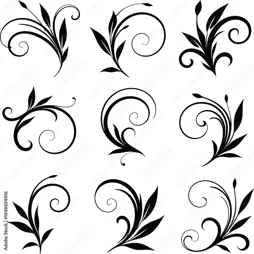 Elegant Black and White Floral Swirls and Flourishes Vector Design Elements Elegant Black and White Floral Swirls and Flourishes Vector Design Elements