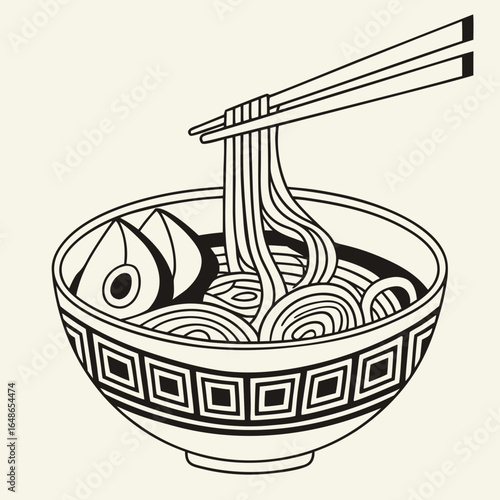 Chopsticks Lift Ramen Bowl, Geometric Abstract Art, Black Stroke Illustration, Minimalist Food Design