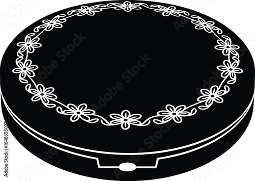 Elegant black powder compact with floral decoration, beauty and fashion