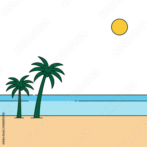 A minimalist vector illustration of a tropical beach with two palm trees, calm blue ocean, and a bright yellow sun.