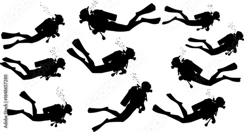silhouettes of scuba divers, underwater, diverse poses, full scuba gear, vector