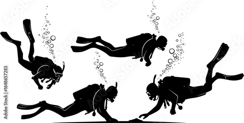 silhouettes of scuba divers, underwater, diverse poses, full scuba gear, vector