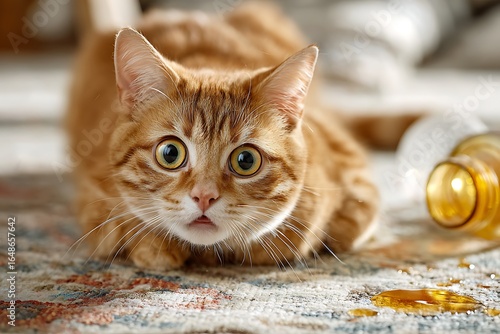 Surprised ginger cat at drink spill in comical mishap  
