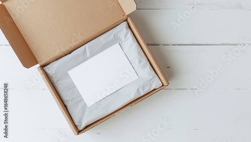 An open cardboard box with tissue paper and a blank white card. A top-down mockup for gifts, e-commerce, or unboxing.