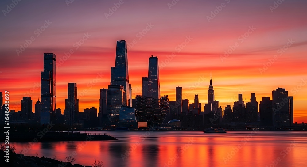 Obraz premium Dramatic New York City skyline at sunset reflects in Hudson River waters