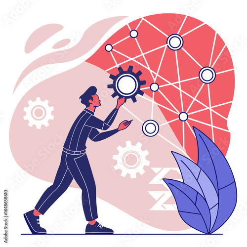 Man interacting with digital network and gears in a modern abstract design with plants and soft colors