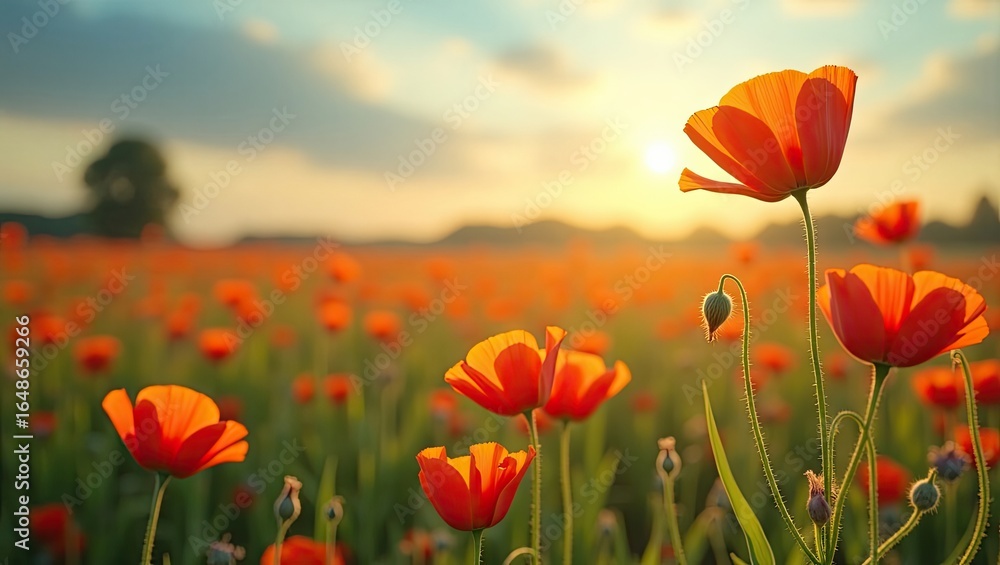 Fototapeta premium Vibrant poppies in a field at sunset.