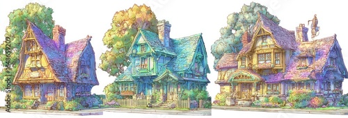 Wallpaper Mural Three colorful, stylized houses with varied roofing and painted facades Torontodigital.ca