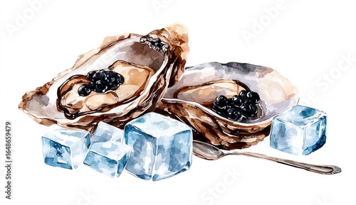 Watercolor illustration of two open oysters with caviar and ice cubes