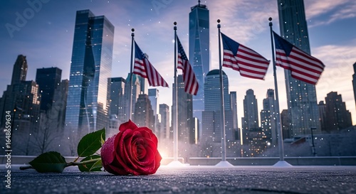 Emotional tribute rose against a backdrop of american flags and new york skyline