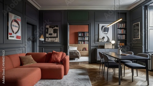 Wallpaper Mural Modern living room with coral sectional sofa and abstract art Torontodigital.ca