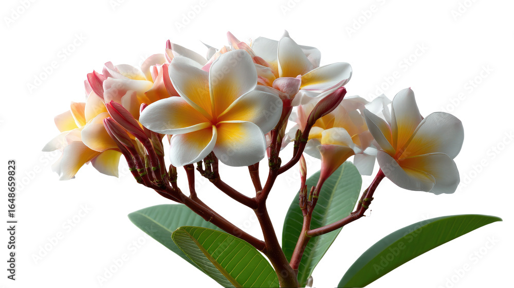 Fototapeta premium Plumeria Bloom's: A close-up capture of delicate plumeria flowers, revealing their exquisite details, soft pastel colors, and serene nature, set against a clean backdrop.
