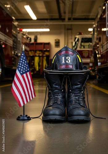 Firefighter's Tribute: Helmet, Boots, and American Flag Symbolizing Service and Sacrifice