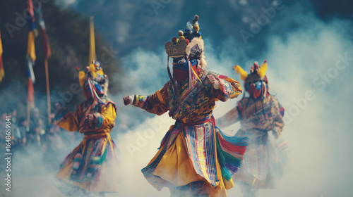 Colorful Cham Dancers in Smoke-Filled Street Performing Sacred Ritual at Tawang Festival in Arunachal Pradesh, India