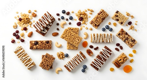 Diverse selection of energy bars with nuts and fruits on a white surface arrangement