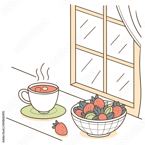 Still life scene showing a cup of tea strawberries and other fruits near a window with a curtain panel
