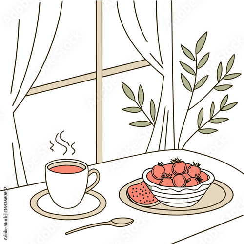 Still life scene featuring a cup of tea bowl of fruit and spoon on a table near a window with curtains
