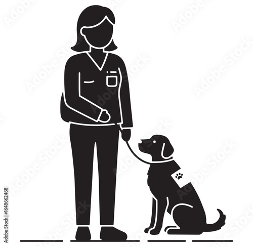 A service dog standing next to its handler depicted in a modern minimalist illustration