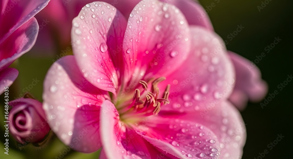 Fototapeta premium Macro captivating pink geranium petals adorned with sparkling raindrops enchanting floral beauty