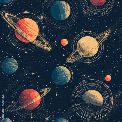 Seamless Vintage Space Pattern with Planets and Stars in Retro Style on Dark Background