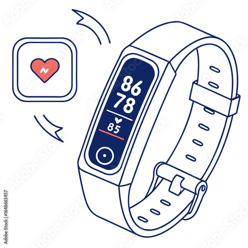 Isometric view of a fitness tracker displaying heart rate data and a heart icon on a separate display