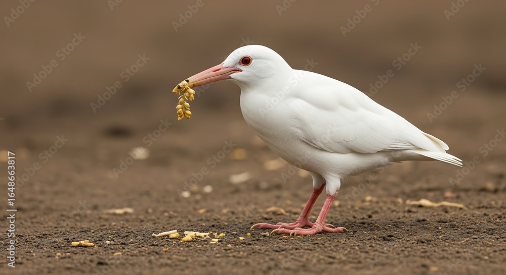 Fototapeta premium Elegant white bird with striking plumage and delicate reddish legs foraging for food on the ground