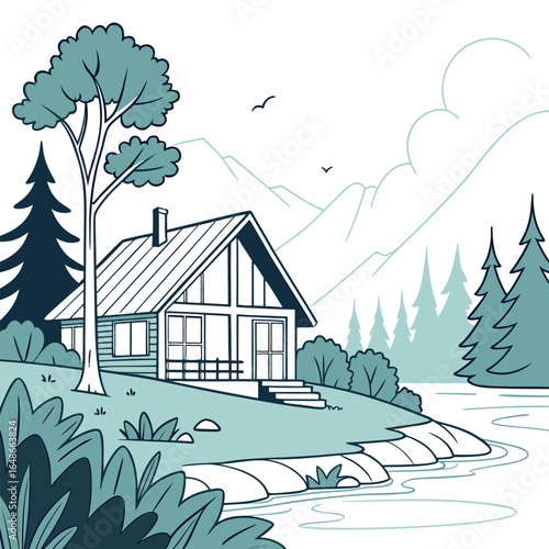 Illustration of a lakeside cabin with trees mountains and birds in a serene outdoor landscape scene