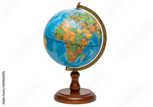 Educational globe showing detailed world map and geographic features on a stand against a black