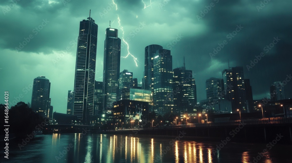 Obraz premium CCTV capturing city skyline during lightning storm, dramatic weather