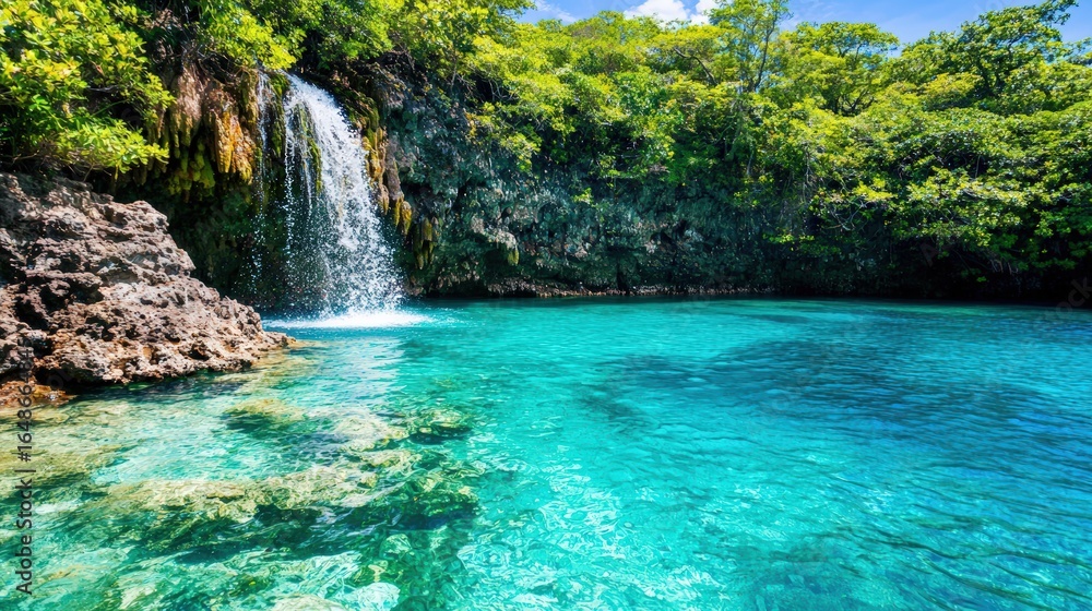 Naklejka premium Visually striking product photography, commercial poster of a colorful lake, balanced composition with ample copy space for text, advertising background, turquoise lake with a rocky cliff