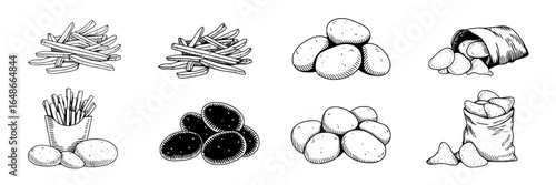 Eight Hand-Drawn Potato and French Fry Illustrations: Whole Potatoes, Cut Fries, Bags, and Containers