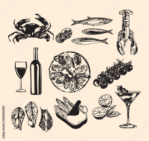 Seafoods and Wine Set Illustration
