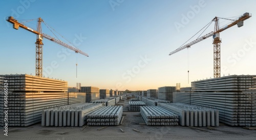 Wallpaper Mural Industrial Landscape: Towering Cranes Oversee Stacks of Concrete Building Materials Under a Soft Sky Torontodigital.ca