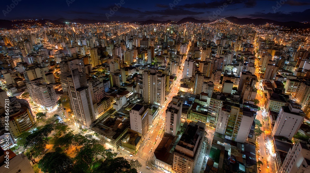 Fototapeta premium Urban cityscape at night, illuminated by streetlights.