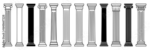 12 Classic Column Styles: Black and White Outline Illustrations of Architectural Columns