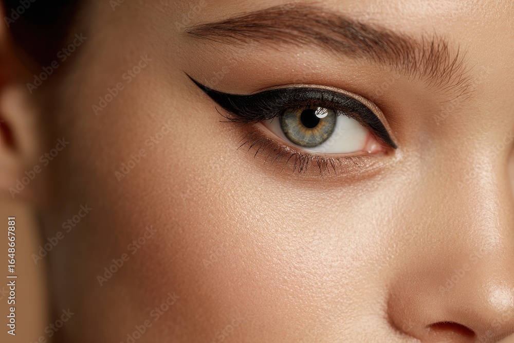 Fototapeta premium Close-Up Beauty Shot of Attractive Brunette with Stunning Cat-Eye Look Against a Vibrant Background