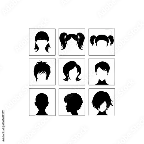 Nine Black Silhouette Hairstyles on White Background